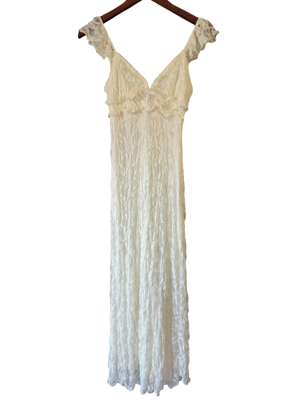 Ivory Lace Maxi Dress with Ruffle Cap Sleeves